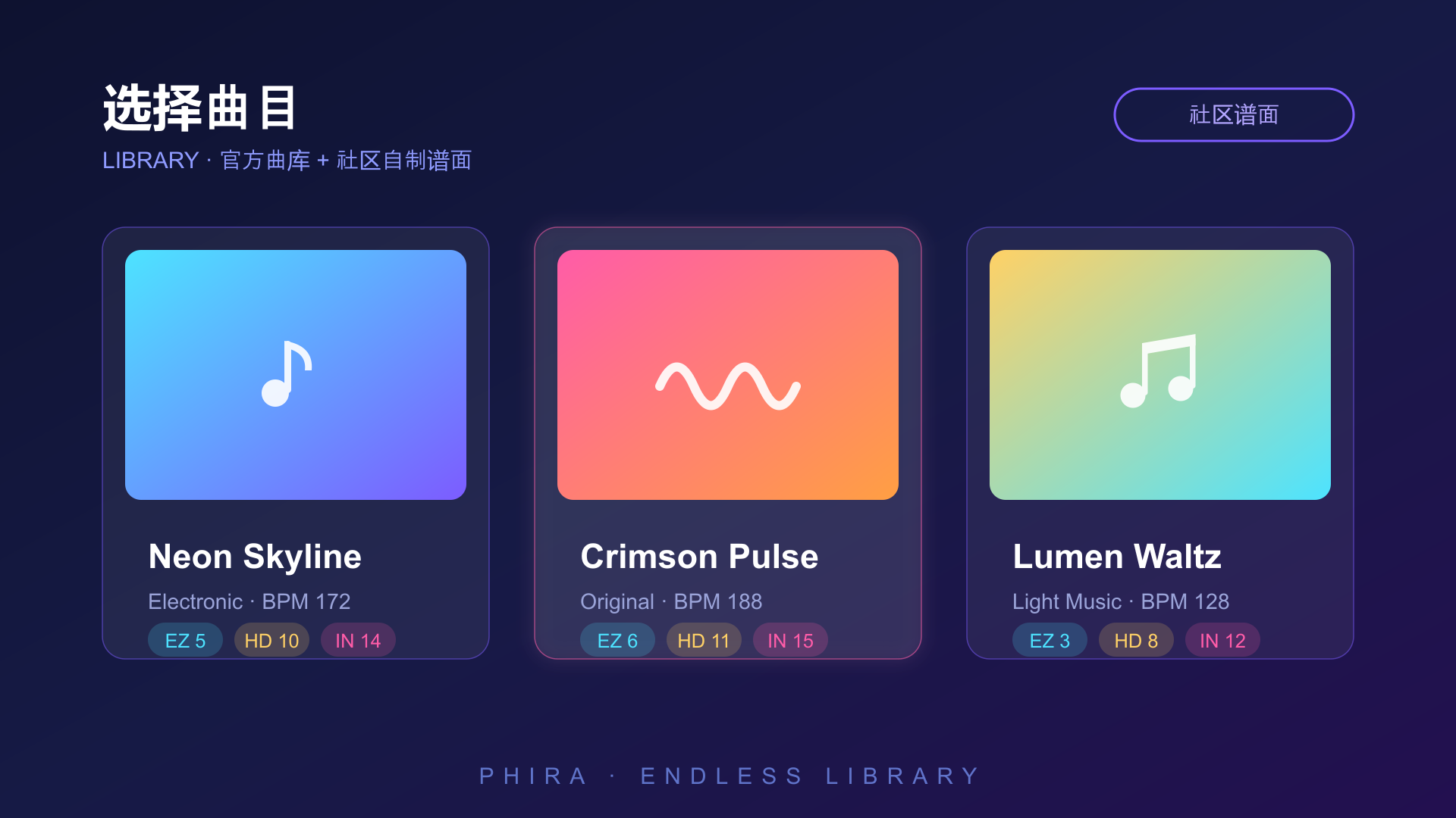 Phira 曲库选歌界面，官方曲目与社区自制谱面